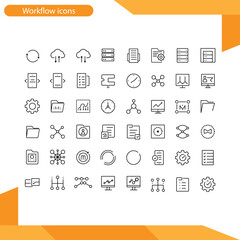 Set of 48 icons related to workflow, processing, operation. Outline icon collection. Vector illustration.