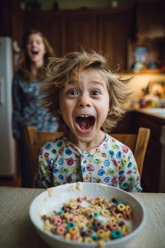 Naklejki A child in pajamas laughing so hard milk squirts from their nose at a breakfast table