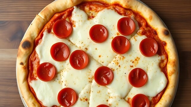 Pepperoni pizza with melted cheese, captured on a rustic wooden background for a delicious appeal.