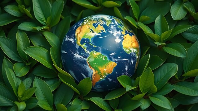 Earth globe surrounded by lush green leaves, symbolizing environmental awareness under natural ambient light.