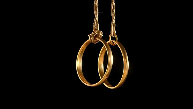 Shiny golden rings suspended against a dark background, highlighting an elegant jewelry arrangement.