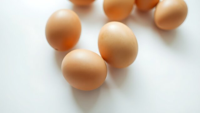 Fresh brown eggs arranged neatly on a white surface, highlighting natural textures.