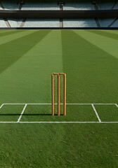 Empty cricket wicket on vibrant green field, stadium seating in back. Great for sports ads or editorials, showcasing the serene readiness of a cricket match setting.