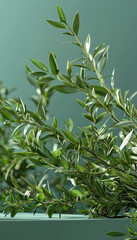 Fototapeta premium Lush green branches with vibrant leaves against soft green background