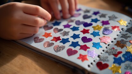 Fototapeta premium A child placing shiny stickers all over a school notebook