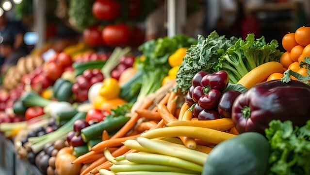 Vibrant fresh vegetables neatly arranged at a market stall, highlighting natural colors and textures.