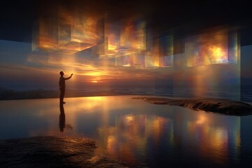 Surreal Ocean View with Cubes Floating above the Sea, Sunset Landscape, Conceptual Art Object, PNG set with transparent background