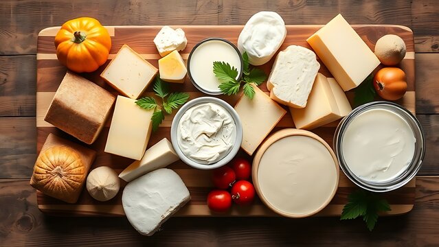 Assortment of fresh dairy products arranged on a wooden board, highlighting natural and wholesome ingredients.