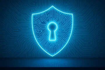 Glowing blue shield with keyhole symbol on digital circuit board background