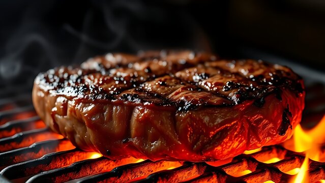 A close-up of a sizzling steak on a grill, showcasing rich caramelized textures.