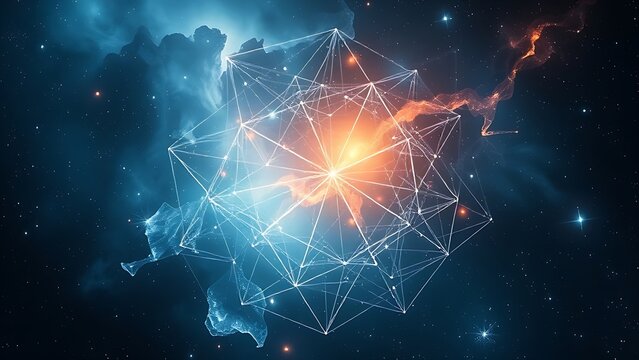 Cosmic ice crystals creating intricate geometric light refractions within a vibrant nebula.
