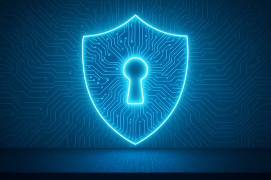 Glowing blue shield with keyhole symbol on digital circuit board background