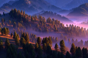 Misty mountain range, vibrant colors, rolling hills covered in trees