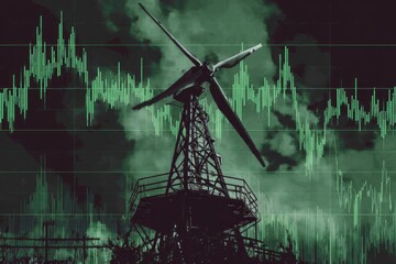 Wind turbine atop a structure, financial chart overlay