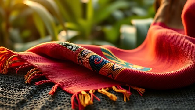 Vibrant Mayan-inspired handwoven textile in bold colors, draped elegantly with jungle foliage behind.