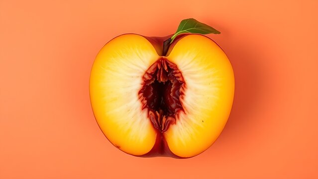 Freshly sliced peach with vibrant orange-pink background, highlighting juicy texture.