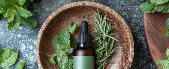 Nourishing scalp serum with herbs in bowl, promoting healthy hair growth