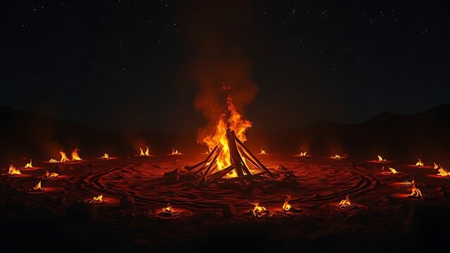 A solitary campfire surrounded by countless glowing embers under an endless prehistoric night sky.