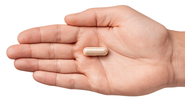 Hand holding single capsule pill isolated transparent background with clear details and texture