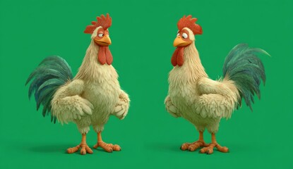 Two cartoon roosters facing each other