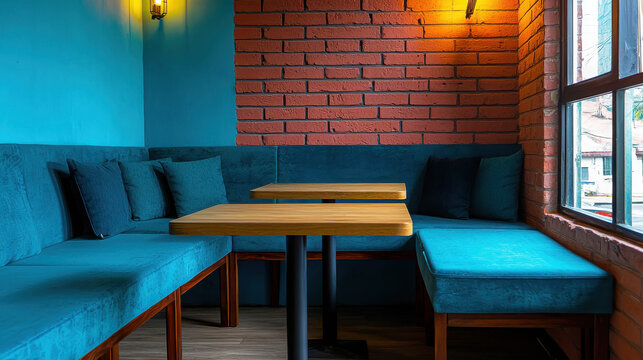 Cozy Modern Cafe Interior with Teal Walls and Comfortable Seating in a Rustic Setting, Perfect for Relaxation and Meeting Friends, Daylight Scene - Powered by Adobe
