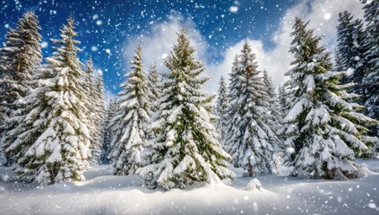 Fototapeta premium Snowy fir trees under a bright sky