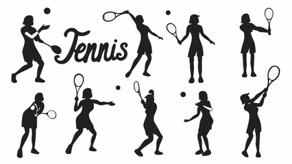 Obraz premium Silhouette collection of female tennis players in various poses with tennis ball and tennis racket design