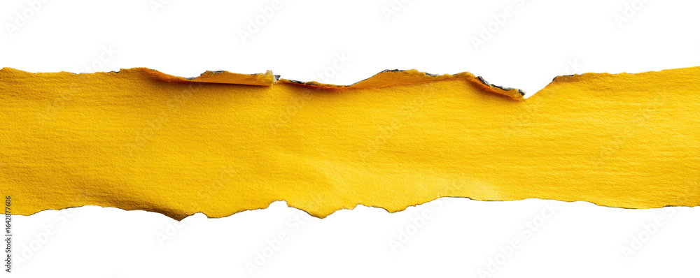 Poster torn yellow paper isolated on transparent background with rough edges and texture