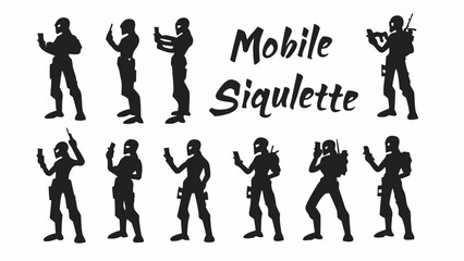 Collection of silhouetted figures holding mobile phones and weapons in various poses on a white background