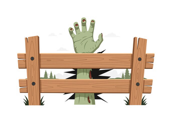 Zombie hand grabbing over wooden fence suitable for horror designs, halloween posters, spooky merchandise, and themed content creations.