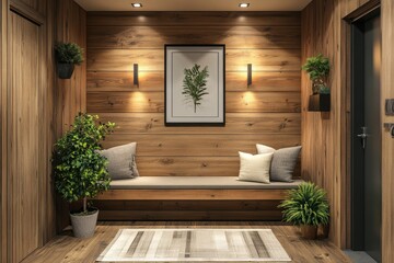 Rustic interior design of a modern entrance hall with wooden paneling and a bench, creating a cozy and welcoming space. 3D rendering, Generative AI