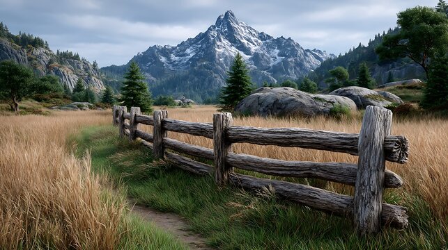 A weathered wooden fence winds through a green mountain meadow under a cloudy sky