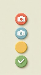 Colorful buttons representing camera functions and actions, perfect for digital design or user interface concepts.