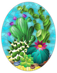 An illustration in stained glass style with composition of cacti, plants against background of desert and the blue sky