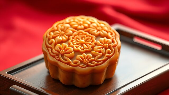 Traditional mooncake with floral imprints on a lacquered tray, golden light highlighting its glossy surface.