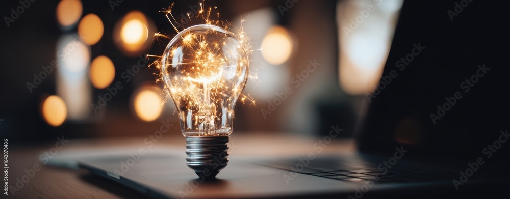 Poster the glowing lightbulb sparking creativity and innovation in a modern workspace.