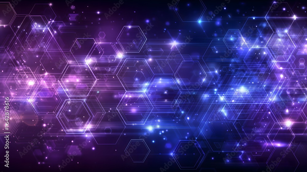 Poster cyberpunk blockchain background with glowing hexagonal patterns and circuit textures in deep purples
