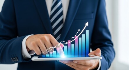 Businessman reviewing financial growth chart on a tablet screen