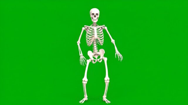 Funny Skeleton Dancing on Green Screen - A comical 3D-animated skeleton performs a clumsy jig against a bright green screen background.