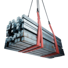 Steel bars being lifted by industrial crane straps. Isolated Transparent Background