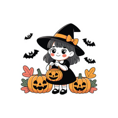 Cute Little Girl in Witch Costume with Pumpkins and Bats for Halloween Celebration

