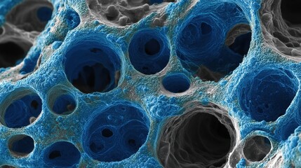 Highdetail view of interstitial spaces filled with shimmering blue fluid highlighting earlystage tissue edema effects.