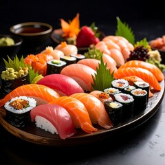 An assortment of sushi, sashimi, and maki arranged on a dark wooden platter
