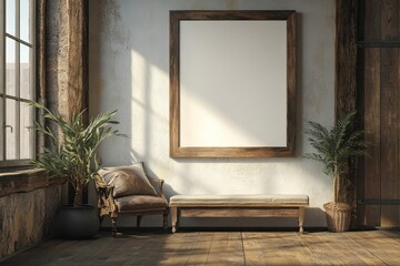 Wooden rustic cabinet near a wall with a blank poster frame, providing a modern living room design. 3D rendering, Generative AI