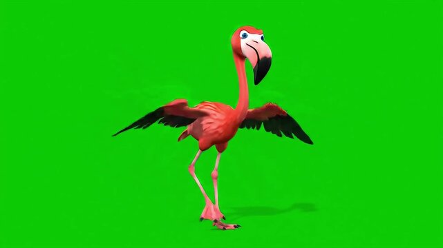3D rendering of a cartoon flamingo standing against a solid green background, creating a playful and isolated effect
