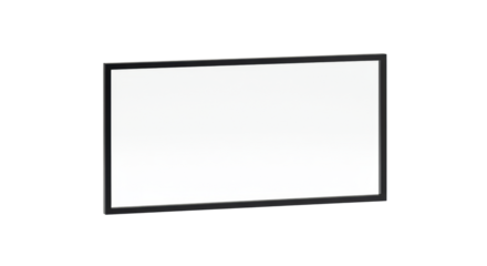 A single, crisp, minimalist black rectangular frame with sharp lines and a matte finish, floating weightlessly against a transparent background with shadowless light. Concept of modern simplicity and