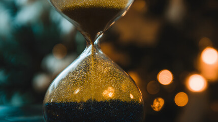 An overflowing hourglass with golden moments above and dark shadows below, representing procrastination and time.
