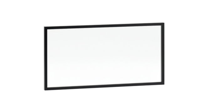 A single, crisp, minimalist black rectangular frame with sharp lines and a matte finish, floating weightlessly against a transparent background with shadowless light. Concept of modern simplicity and