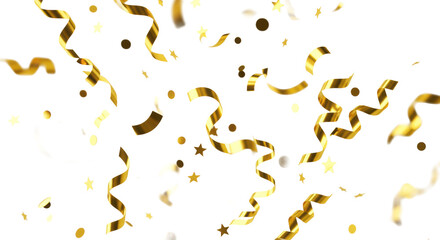 Golden metallic confetti, disc, star, strip shapes, floating upwards on a transparent studio background with copy space, concept of triumph and celebration