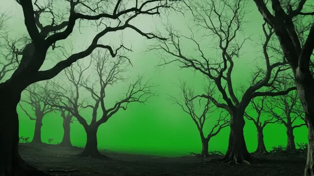 Spooky Foggy Forest Green Screen - A spooky, atmospheric shot of leafless trees silhouetted against a green screen background.